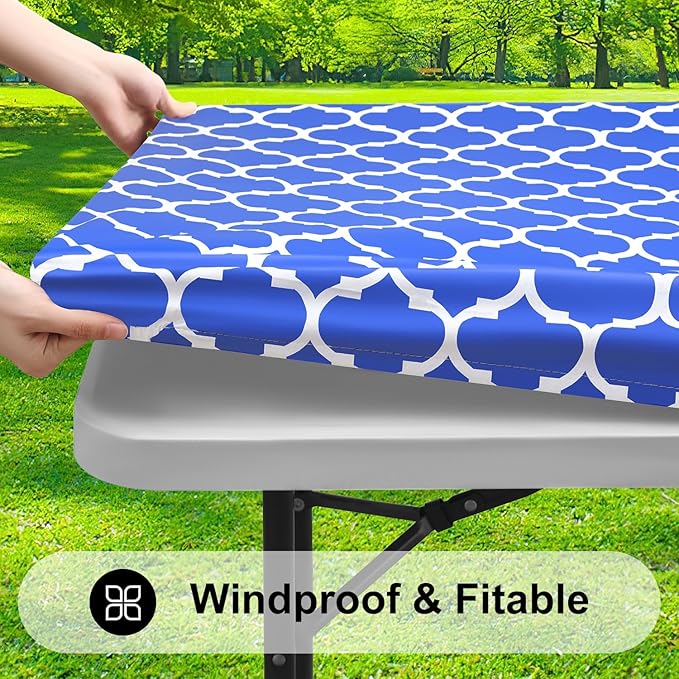 Smiry Rectangle Picnic Table Cover, Waterproof Elastic Fitted Camping Tablecloths for 5 Foot Tables, Wipeable Flannel Backed Vinyl Tablecloth Protector for Indoor, Outdoor (Blue, 36x60 Inches)
