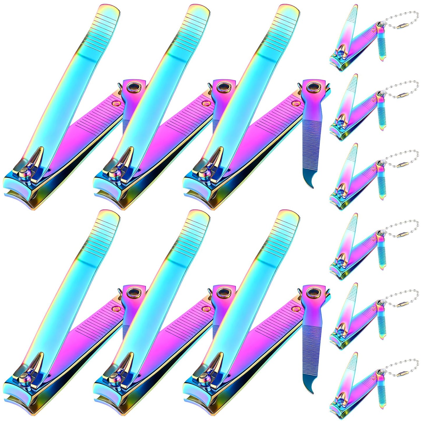 Bememo 12 Pieces Stainless Nail Clippers Set Fingernail and Toenail Clippers Nail Cutter Tool Set for Men and Women (Rainbow)