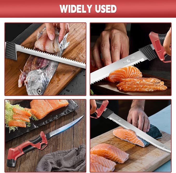 Electric Fillet Knife for Fish - Fillet Knife Kit Combo Non-Slip Handle with 4 Stainless Steel Blades Fishing Gift For Men (red)