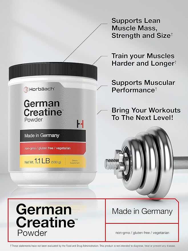 Horbäach German Creatine Powder 500g | Made in Germany with Creapure | Vegetarian, Non-GMO, and Gluten Free Dietary Supplement