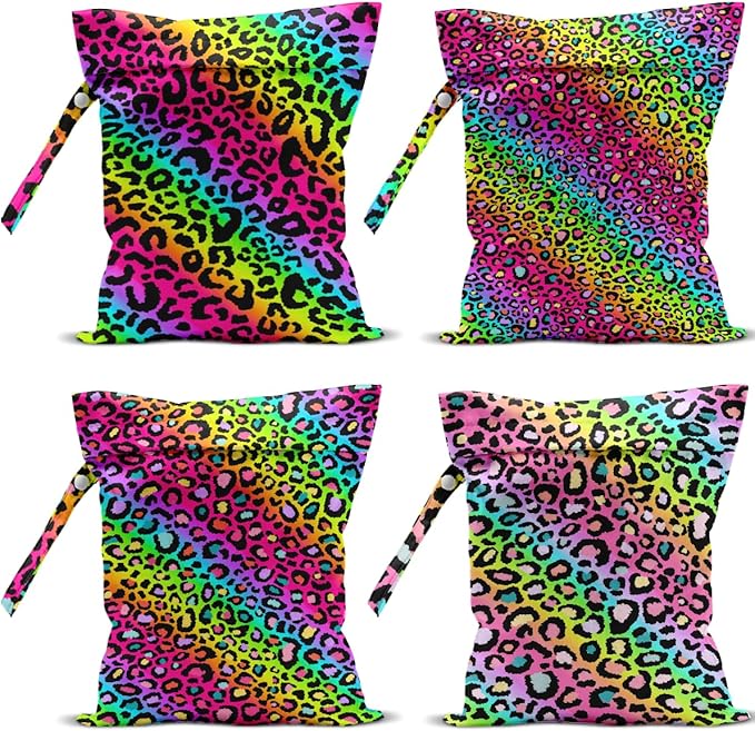 4 Pack Colorful Rainbow Neon Leopard Wet Bag Waterproof Washable Reusable Wet Dry Bag for Swimsuit Clothes Cloth Diaper Travel Beach Pool Yoga Gym Toiletries Gift for Women Friend Birthday Christmas