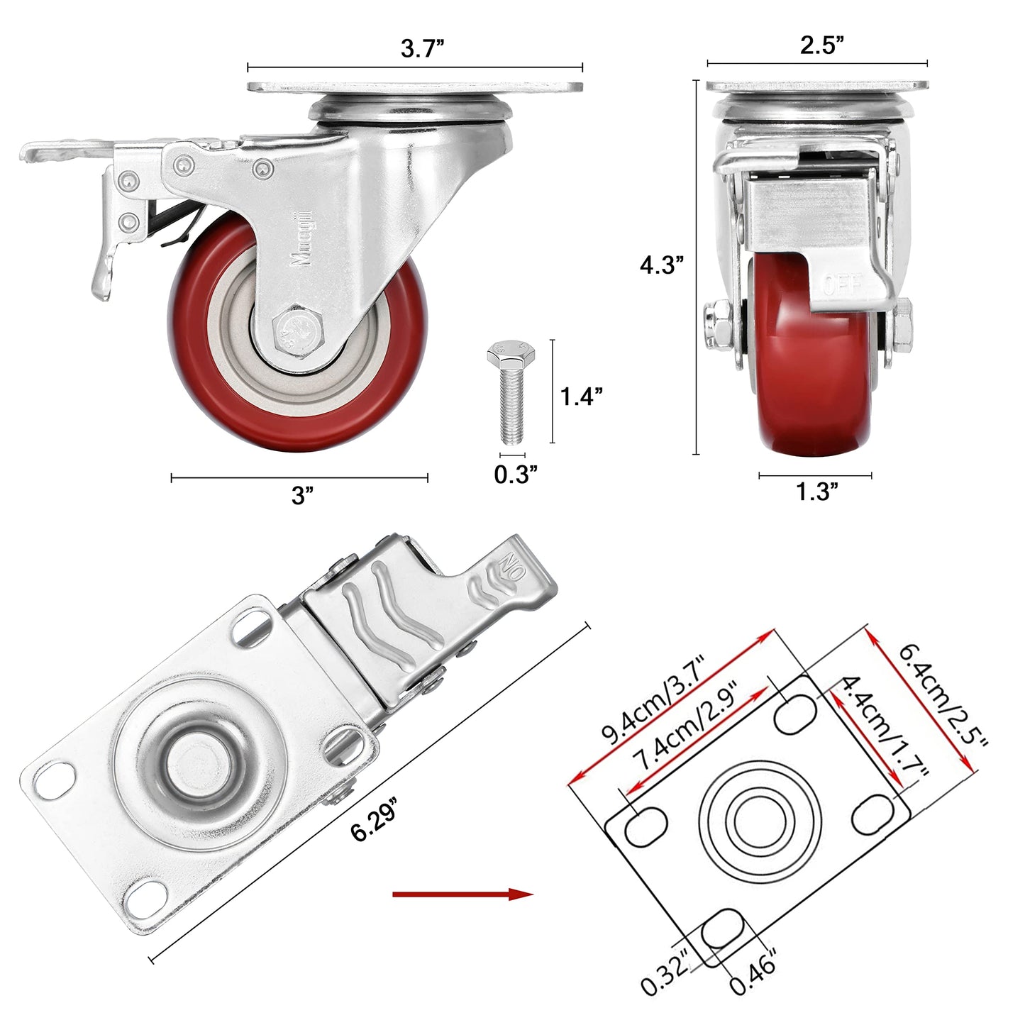 3 inch Heavy Duty Casters Load 1500lbs,Lockable Bearing Caster Wheels with Brakes,Swivel Casters for Furniture and Workbench，Set of 4 (Free Screws)
