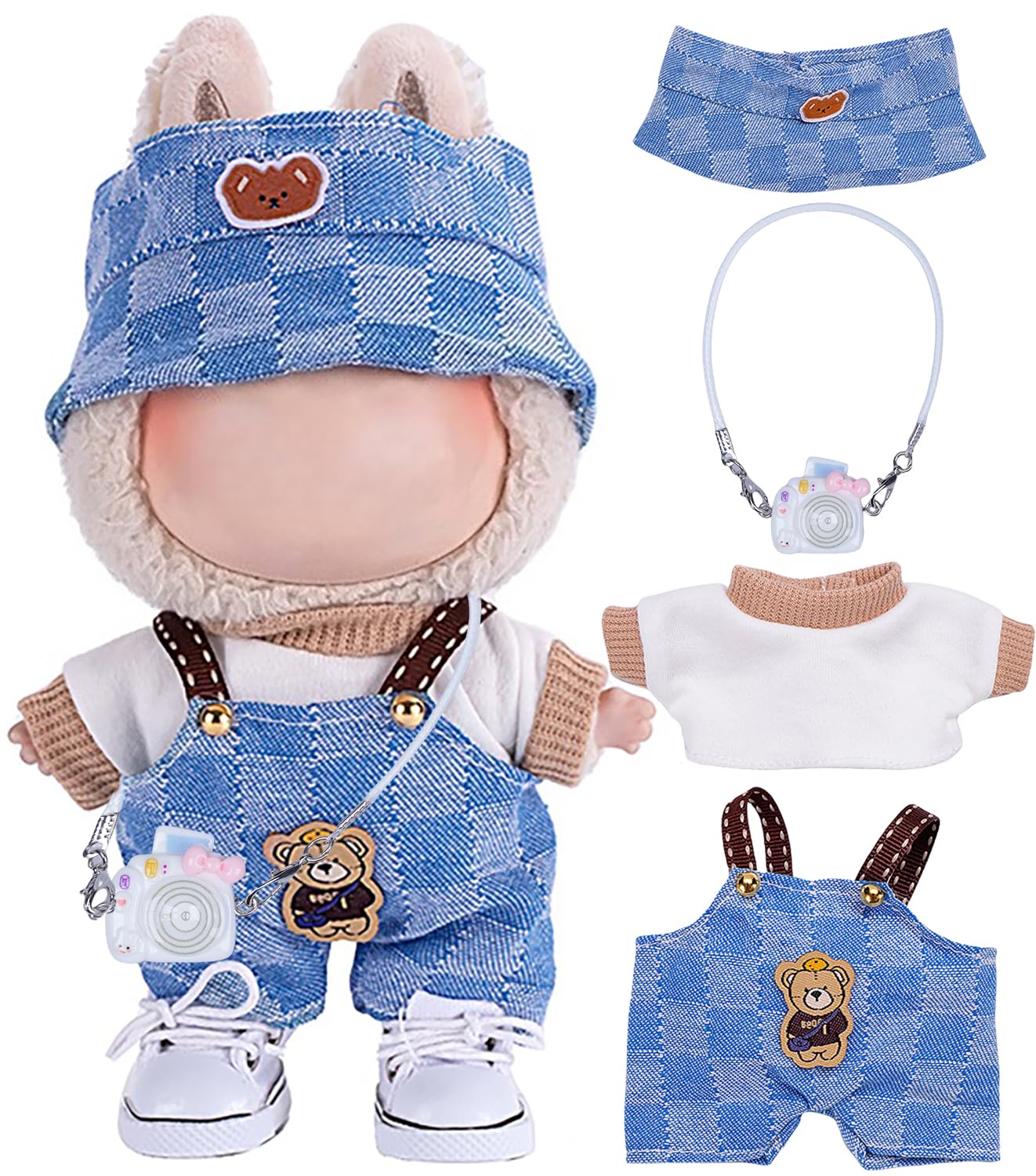 4pcs Handcrafted Doll Clothes Set for 15cm/17cm Labubu Dolls (No Doll, No Shoes), Cute and Premium Outfits Accessories, Stylish Clothes for Boys Girls Birthday Collectors (Blue Overalls Set) AK053BL