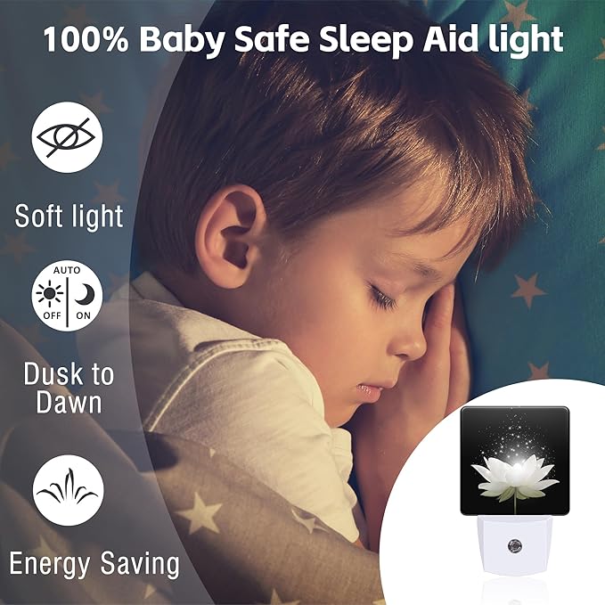 Magic White Lotus Flower Night Light for Kids, Glowing Lotus Floral Night Light Plug in with Dusk to Dawn Sensor, 0.5w Energy Saving Sleep Friendly Nightlight for Hallway Stairway Kitchen Bedroom