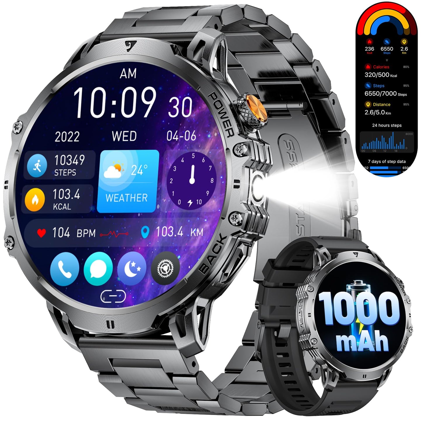 LIGE Military Smart Watches for Men(2 Bands),1000mAh/1.85" HD Large Screen Smartwatch, Flashlight/110+ Sports Modes/IP68 Waterproof/Sleep Monitor, Fitness Tracker Watch for Android iOS,Black
