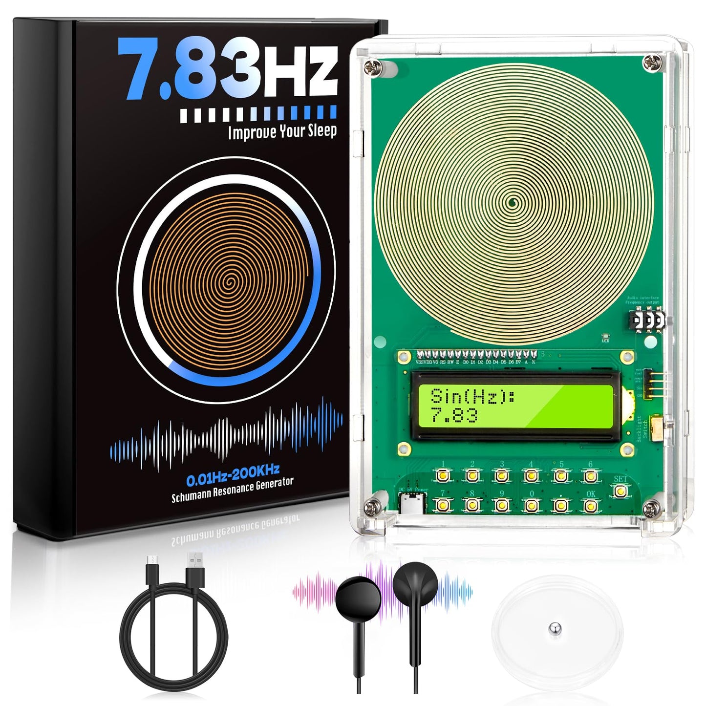 Frequency Generator for Healing – 7.83Hz Schumann Resonance Sound Therapy Device with Acrylic Case for Sleep aid, Meditation, Stress Relief & Yoga (0.01Hz–200kHz)