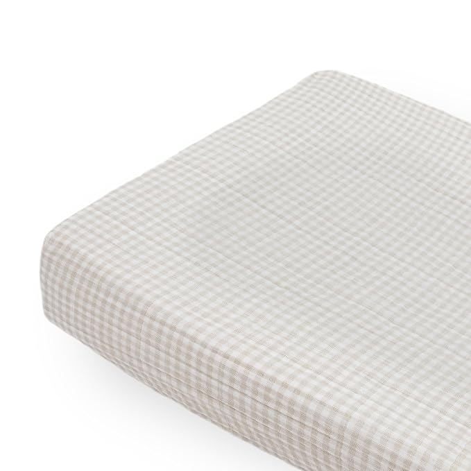 Little Unicorn Premium Changing Pad Cover | Extra Soft & Breathable Muslin Fabric (Tan Gingham)