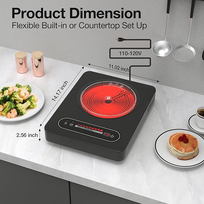 1800W Electric Cooktop, 11 Inch Portable Single Burner with Timer & Child Lock - 110-120V Compact Countertop Stove for Everyday Cooking in Kitchen, Dorm, RV or Office