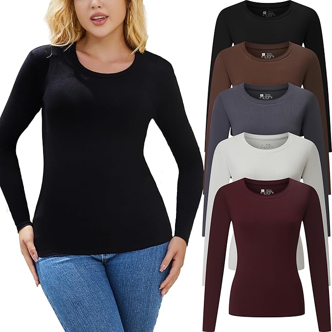Chongbaijia 5 Pack Long Sleeve Shirts for Women Crew Neck Basic T Shirt Fall Stretch Tight Fitted Thermal Shirts Fashion Tops