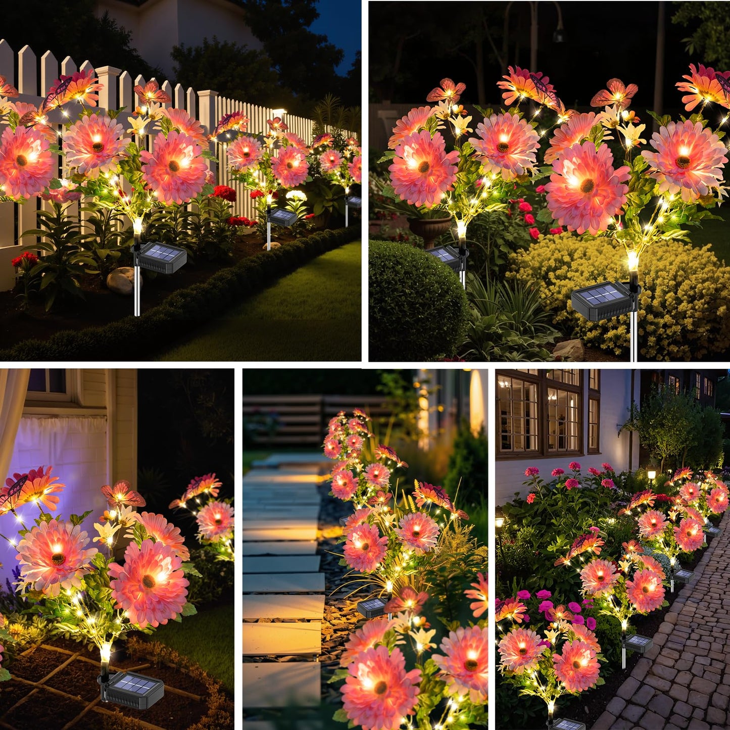 Topvelo Solar Garden Light 6 Packs  120 Leds Outdoor Solar Lighting With Daisy And Butterfly  Waterproof Outdoor Garden Light For Patio  Courtyard  Pathway Decoration (Pink)