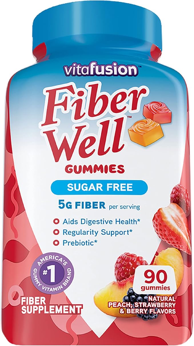 L’il Critters Fiber Daily Gummy Supplement for Kids, for Digestive Support & Vitafusion Fiber Well Sugar Free Fiber Supplement, Peach, Strawberry and BlackBerry Flavored Supplements, 90 Count