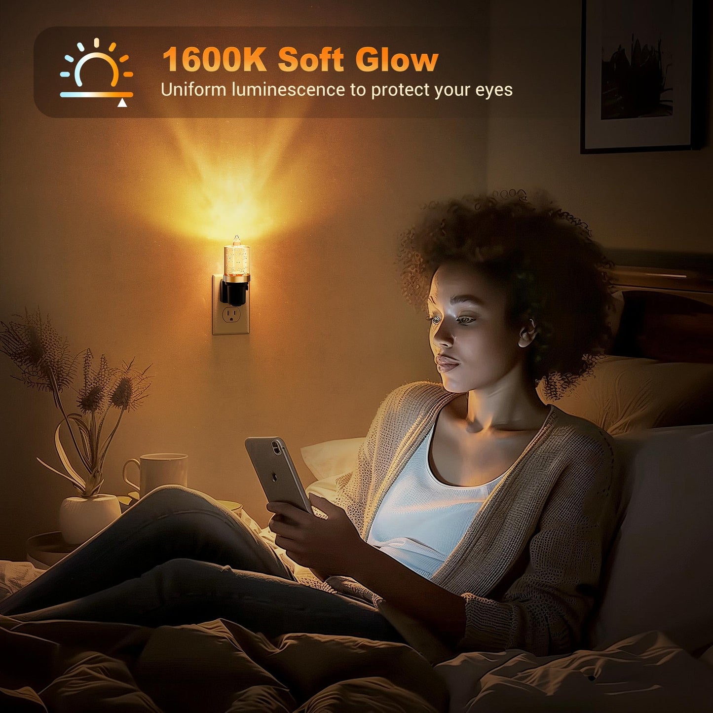 JandCase LED Night Light, Auto On/Off Sensor, Dimmable 0-100LM, 1 Pack, Amber Color