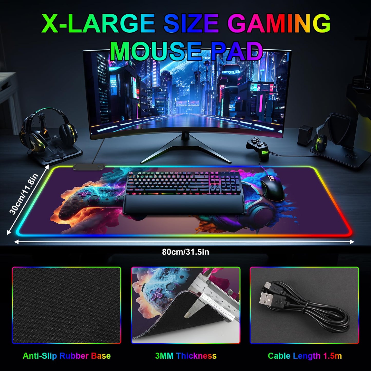 RGB Gaming Mouse Pad, Large Mousepad with LED Light 13 Light Modes Touch Control Extended Soft Computer Keyboard Mat Pad, Desk Mat with Non-Slip Rubber Base for MacBook Laptop(31.5X11.8, Game Handle)