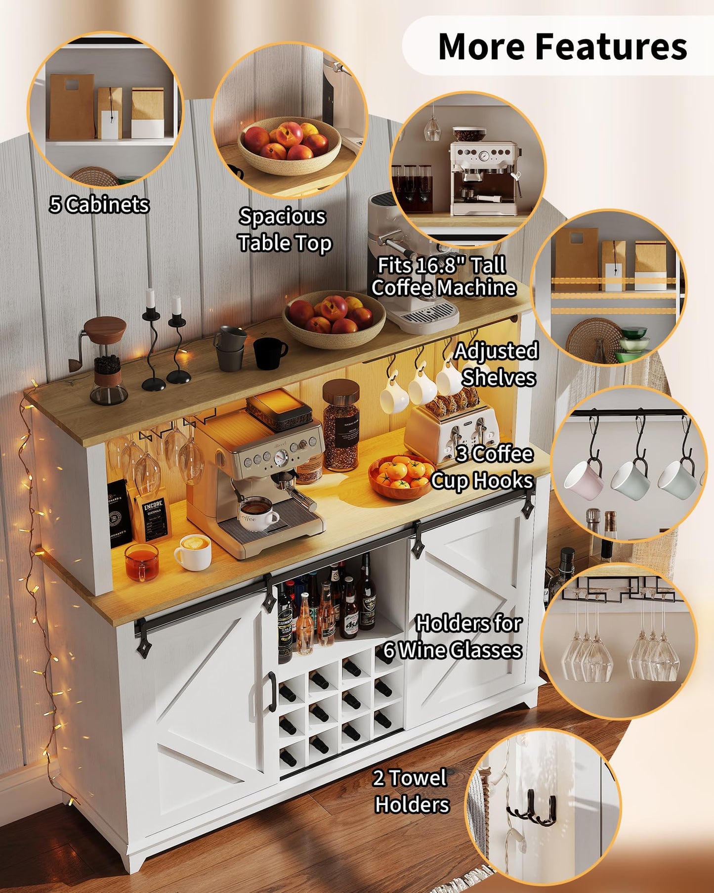 IDEALHOUSE 55" Farmhouse Coffee Bar Cabinet with Power Outlet & LED Light - Sliding Barn Door Buffet with Removable Wine Rack, 2-Tier Drawers, for Kitchen, Dining & Living Room, White