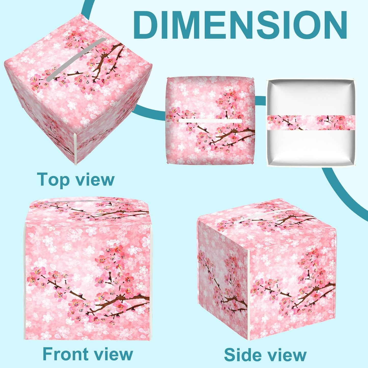 Pink Cherry Tissue Box Holder,Spring Blossom Square Leather Tissue Box Cover with Bottom Belt,Waterproof Modern Napkin Holder Organizer for Car Bathroom Vanity Office Tabletop,5.2" x 5.2" x 5.2"