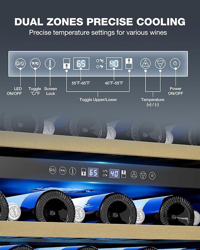 15 Inch Dual Zone Wine Refrigerator, 29 Bottle Under Counter Wine Fridge, Wine Refrigerator for Built-In or Freestanding, Wine Cooler with Removable Shelves, Double-Layer Glass Door, for Home