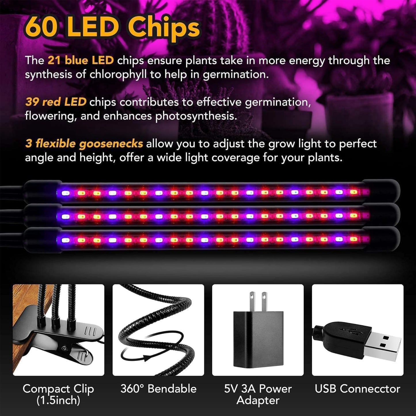 iPower 15W Triple Head LED Grow Light - Red & Blue Spectrum, Adjustable Gooseneck, 4 Tubes, 11 Dimmable Levels, Auto ON/OFF