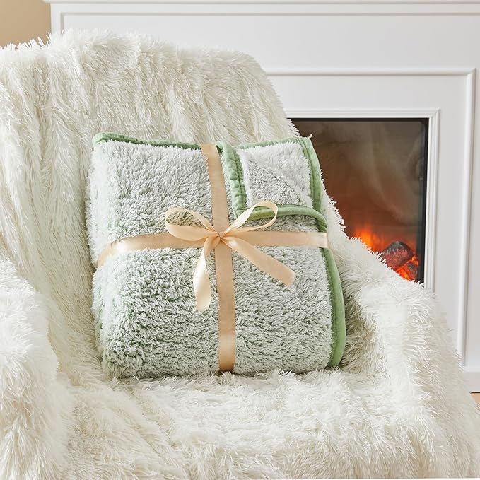 EMME Fuzzy Blanket Soft Fleece Throw Blankets for Women, Fluffy Sherpa Throws(Plush Sage,60"x80")