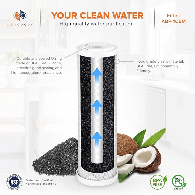 Aquaboon 5 Micron Water Filter 10 x 2.5 - Premium Carbon Block Water Filter - Carbon Water Filter Cartridges - Whole House Water Filter Cartridge Replacement Compatible with FXWTC, WFPFC8002, 1 Pack
