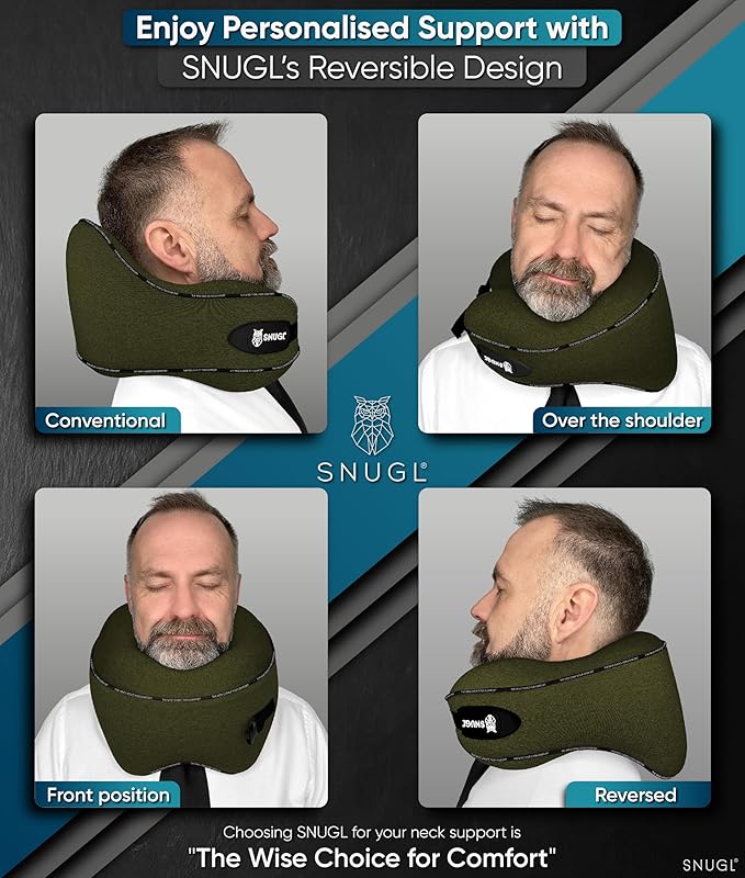SNUGL Neck Travel Pillow - Memory Foam Airplane Pillow - Flight Pillow | Neck Support Travel Pillow with Carry Bag & Clip | Neck Pillows for Sleeping Travel Plane | Flying Travel Essentials - O.Green
