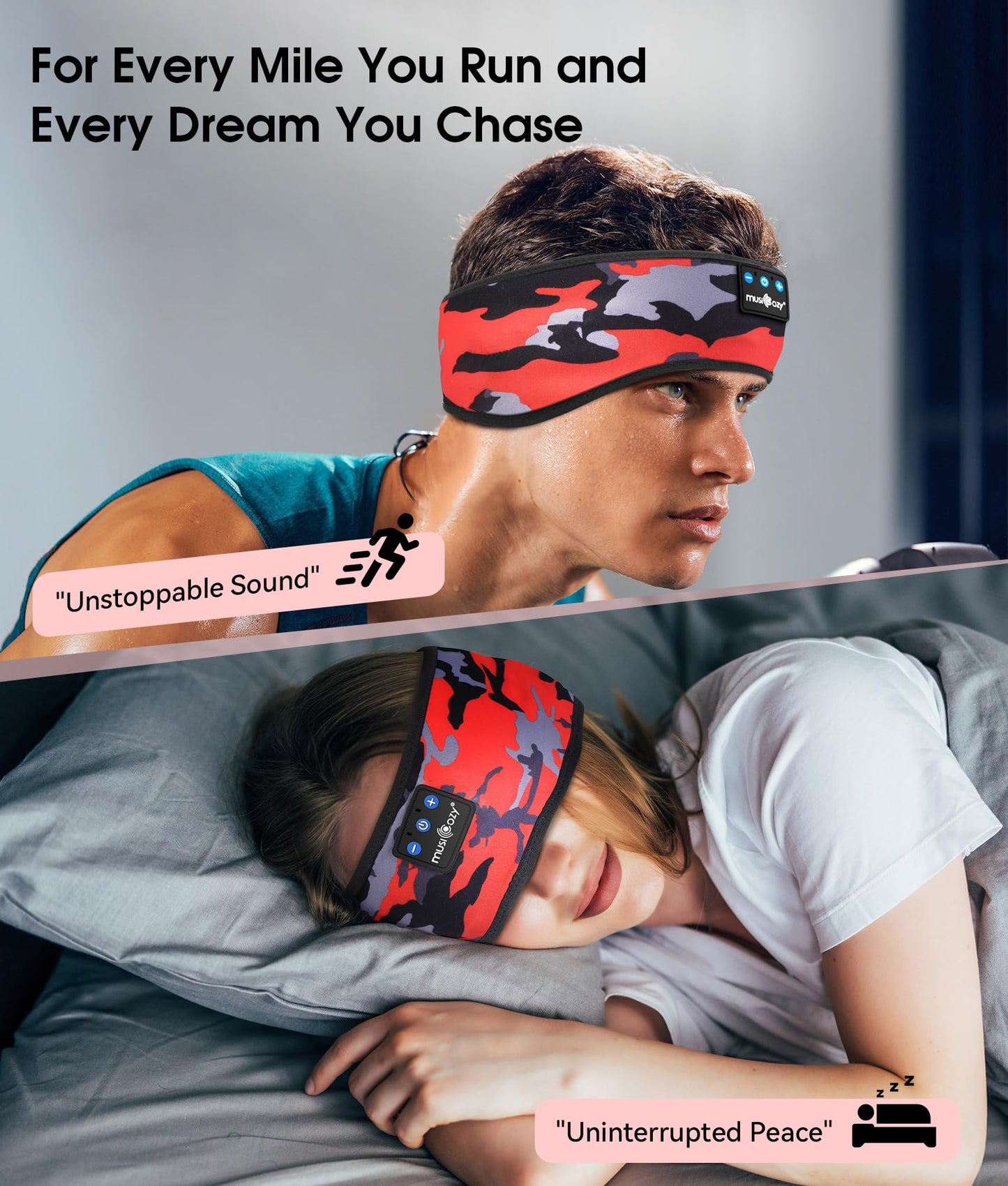 MUSICOZY Sleep Headphones Bluetooth 5.4 Headband, Wireless Earphones Music Sleep Earbuds Sleeping Eye Mask with HD Stereo Speakers for Workout Running Travel Yoga, Ideal Gifts (Black Red)