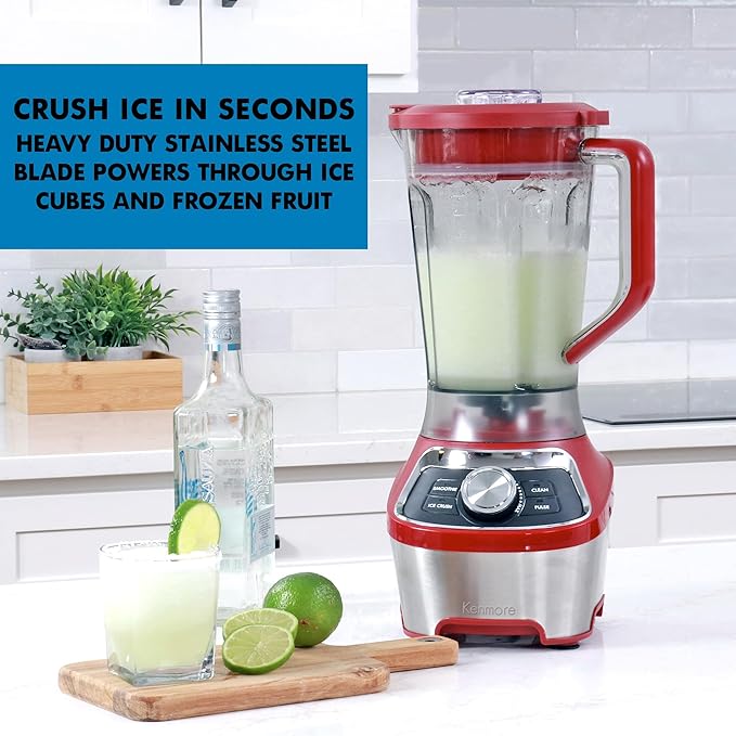 Kenmore Countertop Blender – Electric Mixer for Smoothies, Ice Crush & Pulse Function, Heavy Duty Plastic Pitcher, Kitchen Appliance, Dishwasher-Safe Jar, Red