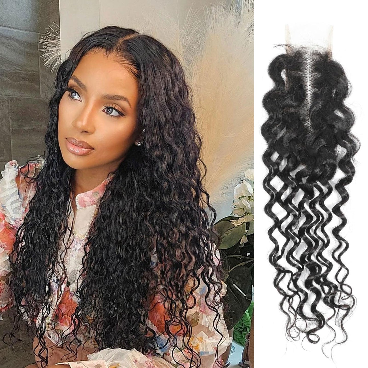 DSEKCAIN 2x6 HD Lace Closure Water Wave Human Hair Water Wave Transparent Lace Closure 2x6 Long Middle Part 100% Raw Virgin Huma