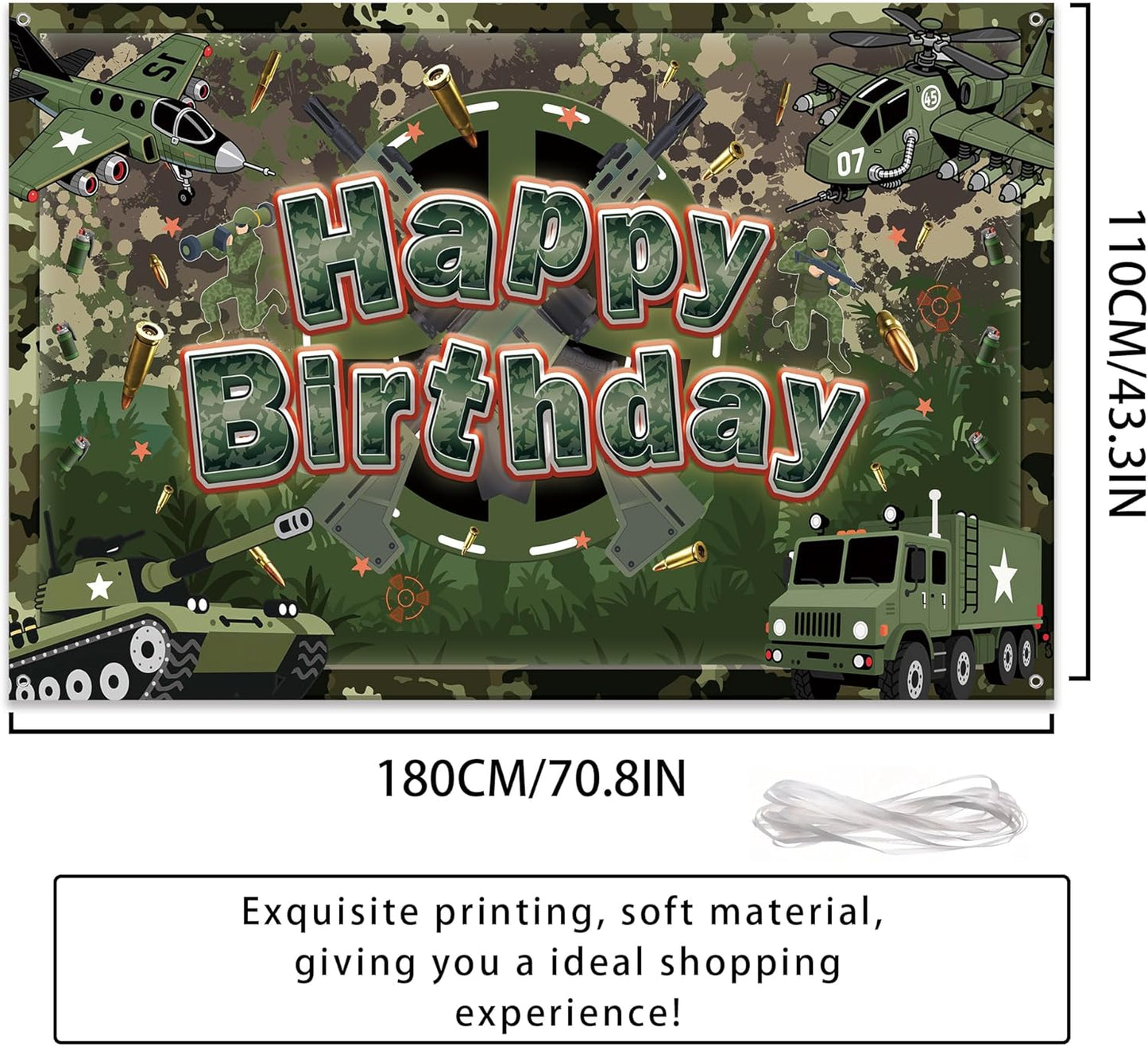 Army Camo Happy Birthday Backdrop Banner - Camouflage Military Theme Party Decorations, Large Vinyl Photo Background for Army Birthday Party Supplies 7x5 FT (71x43 In)