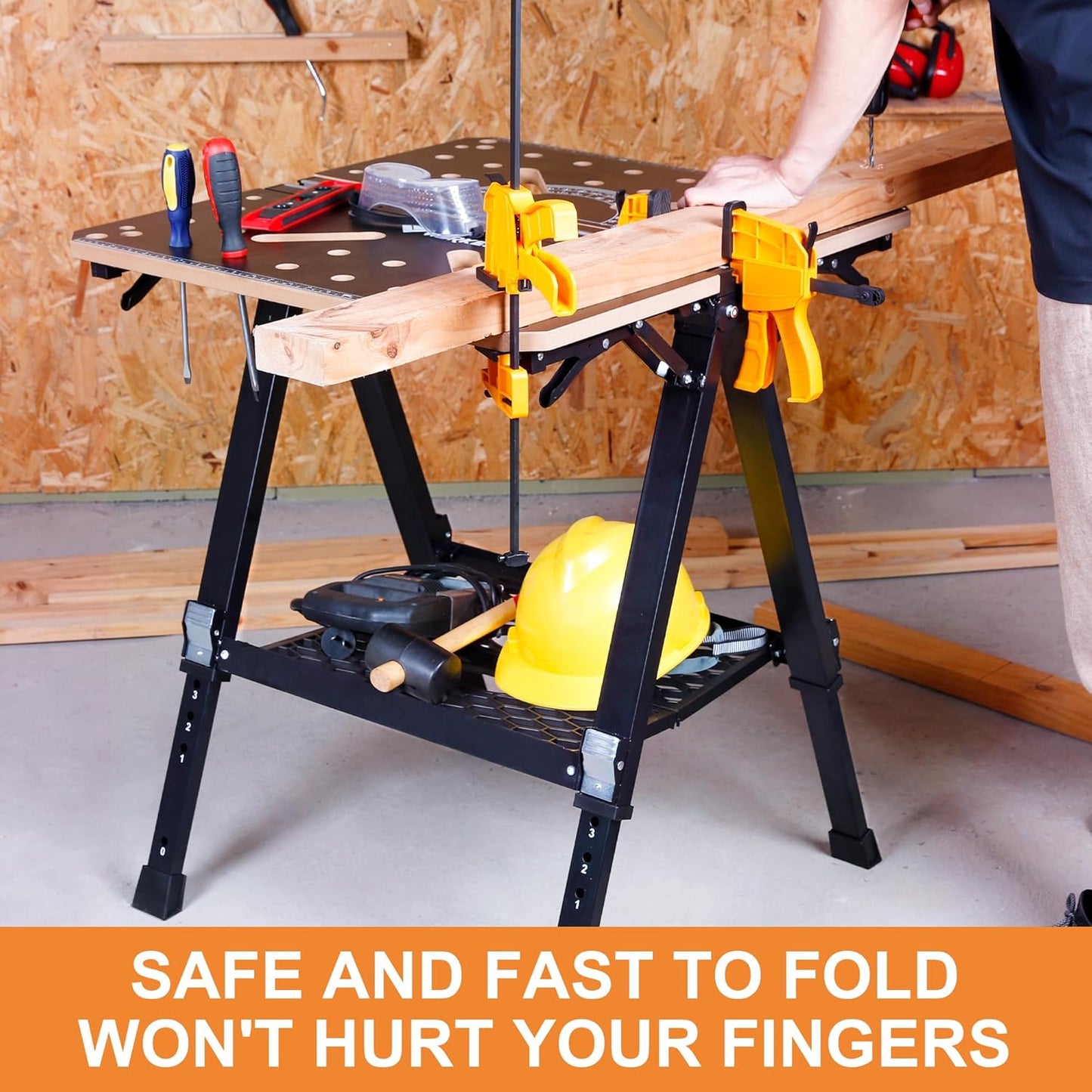 Portable Workbench & Sawhorse, 1000Lbs Capacity Heavy Duty Folding Work Table, 23.6"-36" Adjustable Height with 2 Quick Clamps, 4 Bench Dogs, 2 x 4 Support Arms for Garage