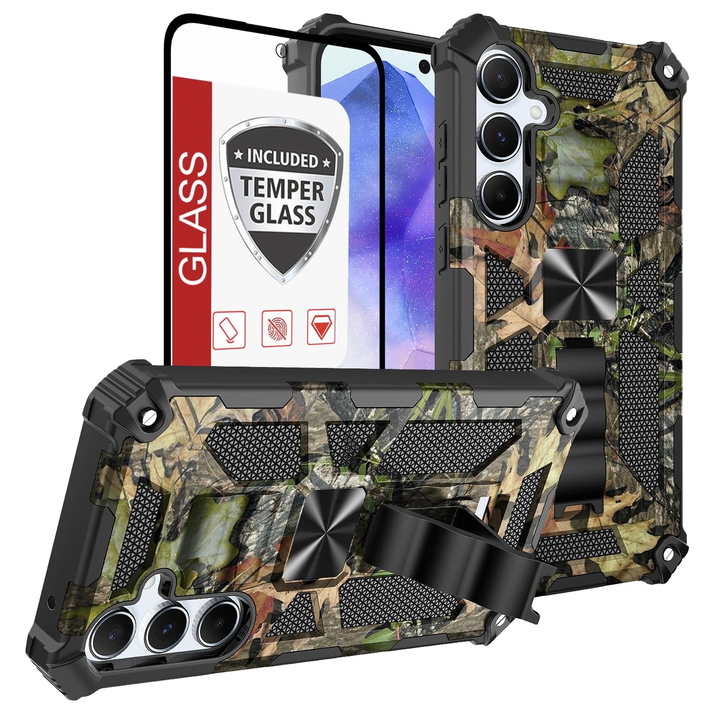 Phone Case For Galaxy-A15-5G Case W/Tempered Glass Screen Protector(Full Coverage) [Full-Body][15Ft Mil-Grade][Built-In Kickstan