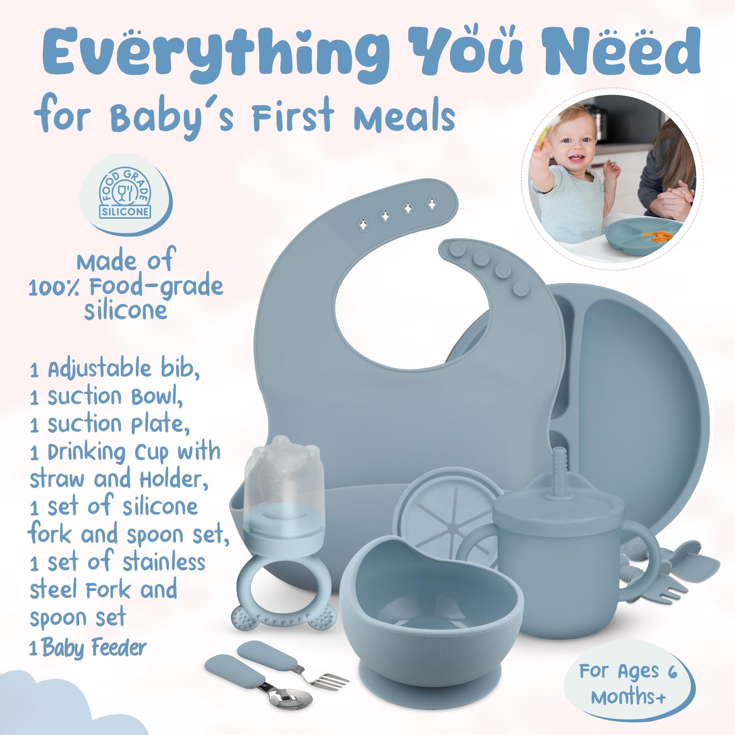 SimplisticStuff BPA-Free Silicone Baby Feeding Set: Includes Suction Plate, Bowl, Sippy Cup w Lid, Fruit Feeder & Teether, Sensory Bump Utensils, Steel Spoon and Fork, Blue
