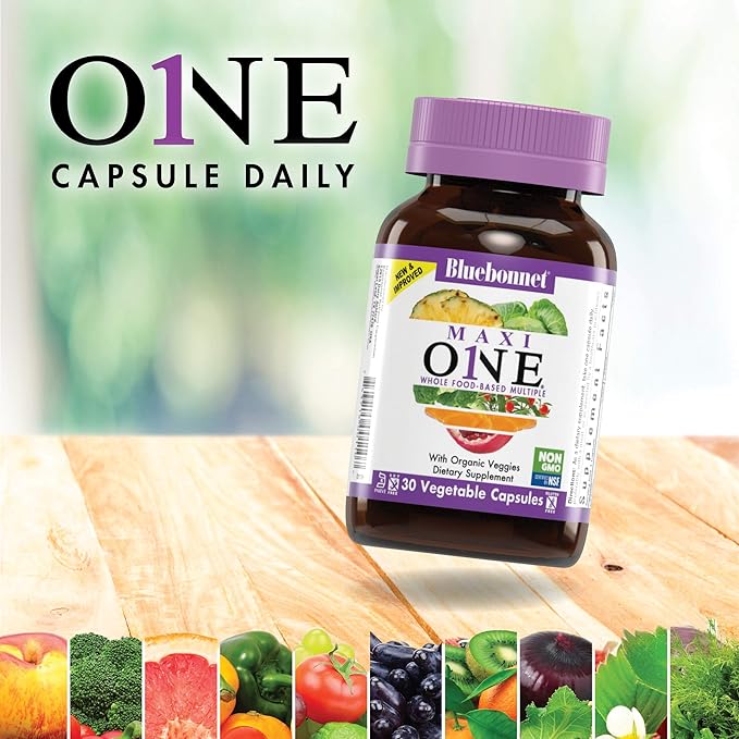 Bluebonnet Nutrition Maxi One (Iron-Free), Whole Food Multiple, Enzymes, Energy, Vitality, Gluten-Free, Kosher, Dairy-Free, Vegetarian Friendly, Soy-Free, Non-GMO, 60 Vegetable Capsule, 2 Month Supply