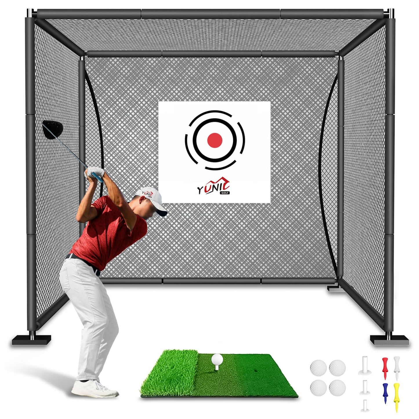 YUNIC Golf Driving Cage with Steel Frame, Golf Nets for Backyard Driving for Full Swing and Chipping Practice Indoor Outdoor (Black, 10'(W) x8'(H) x8'(D))