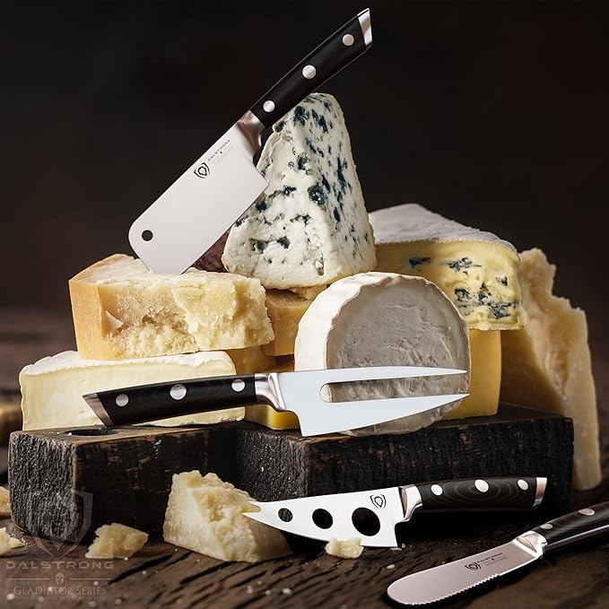 Dalstrong Charcuterie & Cheese Knife Set-4pc-Gladiator Series Elite-Mini Cleaver, Serrated,Round-Tip,Forked Cheese Knives Set-G10 Handle-Soft & Hard Cheese-Sheath-NSF Certified
