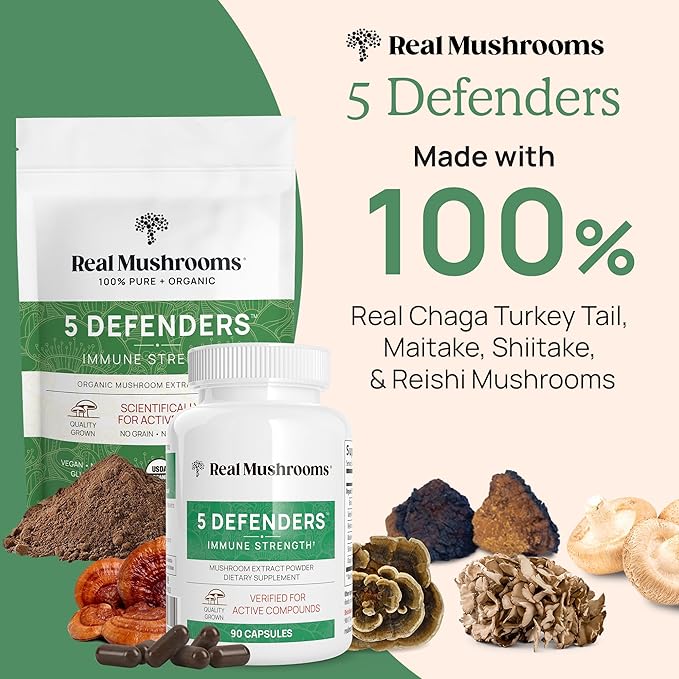 Real Mushrooms Vitamin D2, Zinc (120ct) and 5 Defenders (200ct) Bundle - with Turkey Tail, Shiitake, Reishi, Chaga, Maitake - Natural Immune Strength Supplement - Vegan, Gluten Free, Non-GMO