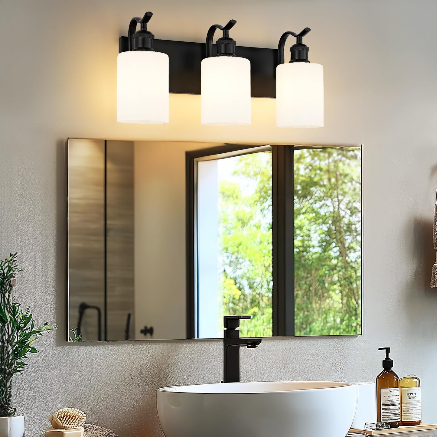 JAZAVA Black Vanity Light, 3-Light Bathroom Light Fixture, Modern Wall Sconce with Milk Glass, VL01BKW-3