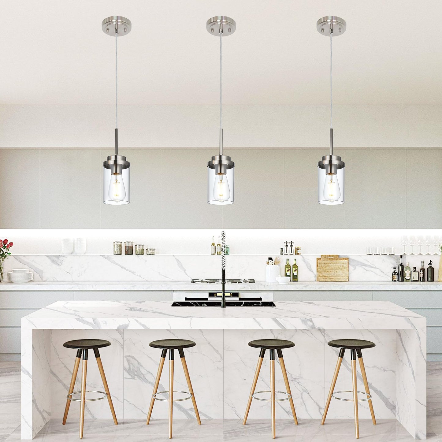 Melucee 3 Pack Hanging Pendant Lighting Fixtures Brushed Nickel  Adjustable Hanging Ceiling Lamp With Clear Glass Shade  Modern Pendant Light For Kitchen Island Dining Room Hallway
