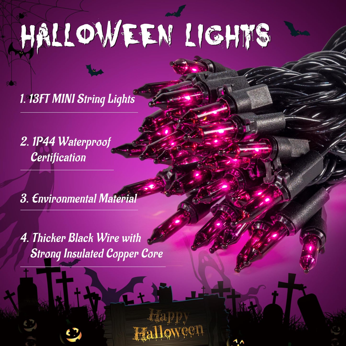 YOUNGAR Purple Halloween String Lights, 50 Count, 13FT, Waterproof, Black Wire for Indoor/Outdoor Decor