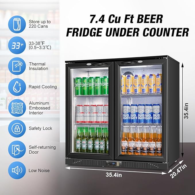 Beverage Refrigerator Drink Fridge, Back Bar Beer Fridge With 2 Glass Door, 35.5 In Height Beverage Cooler, Under Counter Refrigerator, Drink Cooler Undercounter Refrigerators, Outdoor Fridge
