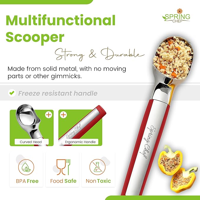 Spring Chef Heavy Duty Metal Ice Cream Scoop - Dishwasher Safe Ice Cream Scooper, Commercial Icecream Scoop Spade, Professional Kitchen Tool for Gelato, Melon, Sundae, Cookie Spoon - Red