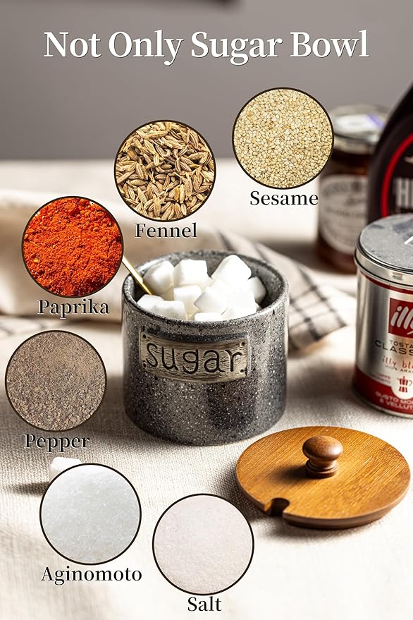 LYEOBOH Sugar Bowl with Lid and Spoon, Sugar Jar Porcelain Salt Bowl with Wood Lid and Stainless Steel Spoon,Ceramic Sugar Bowl 15oz Coffee Canister Kitchen Decor, Grey