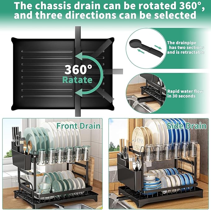 2 Tier Dish Racks for Kitchen Counter and Sink - Large Dish Drying Rack with Drainboard & Utensil Holders - Stainless Steel Dish Drainers Kitchen Organization and Storage for Space Saving (Black)