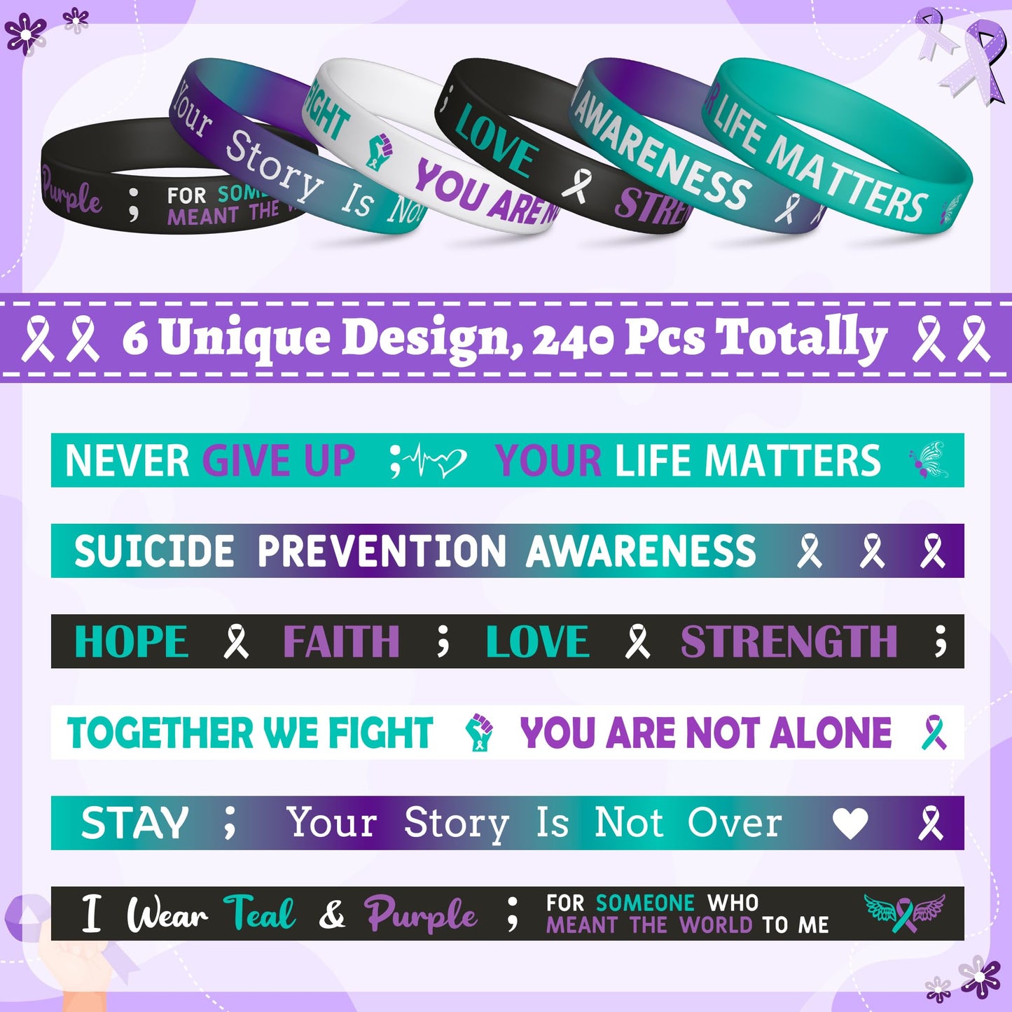 WATINC Suicide Awareness Silicone Bracelets Set, Suicide Prevention Awareness Pieces Ribbons Stretch Wristbands, Motivational Ru