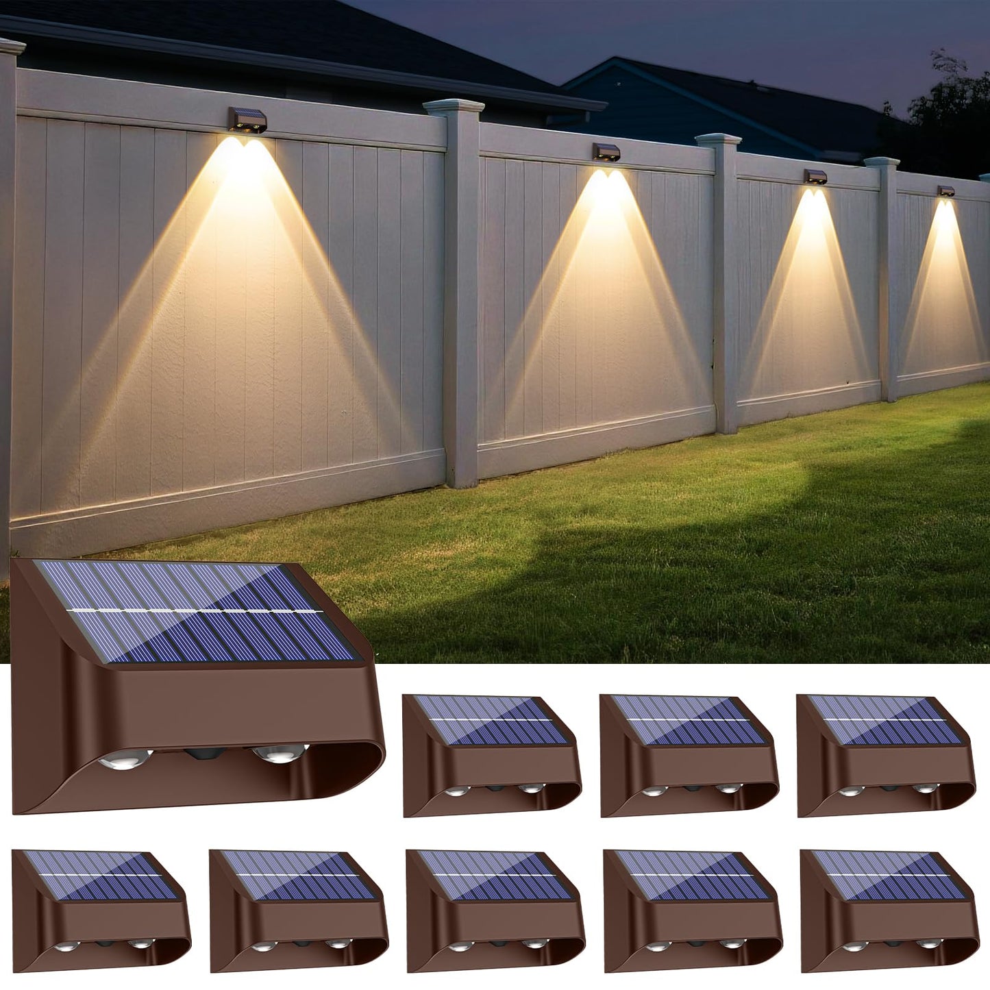 FLITI Solar Fence Lights - 3000/4000/6000K, Waterproof Dusk to Dawn Outdoor Lighting, 8 Pack, Acrylic, Model SWV-3108, Brown