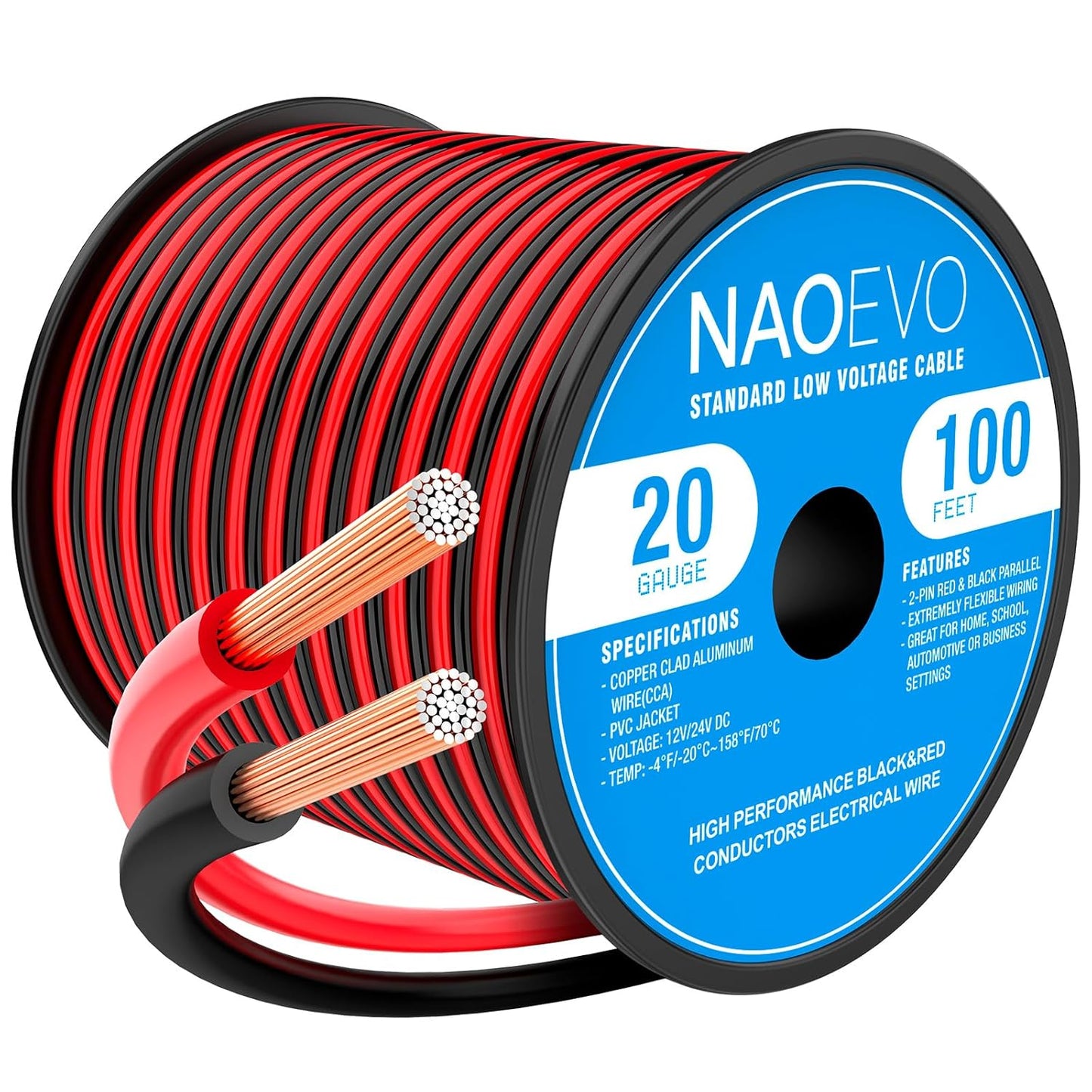 NAOEVO 20 Gauge Wire 100FT, 2 Conductors Electrical Wire Red Black Cable, Flexible/Low Voltage/PVC 20 AWG Copper Clad Aluminum Extension Cord for Speaker, LED Strips, Automotive 12V/24V DC