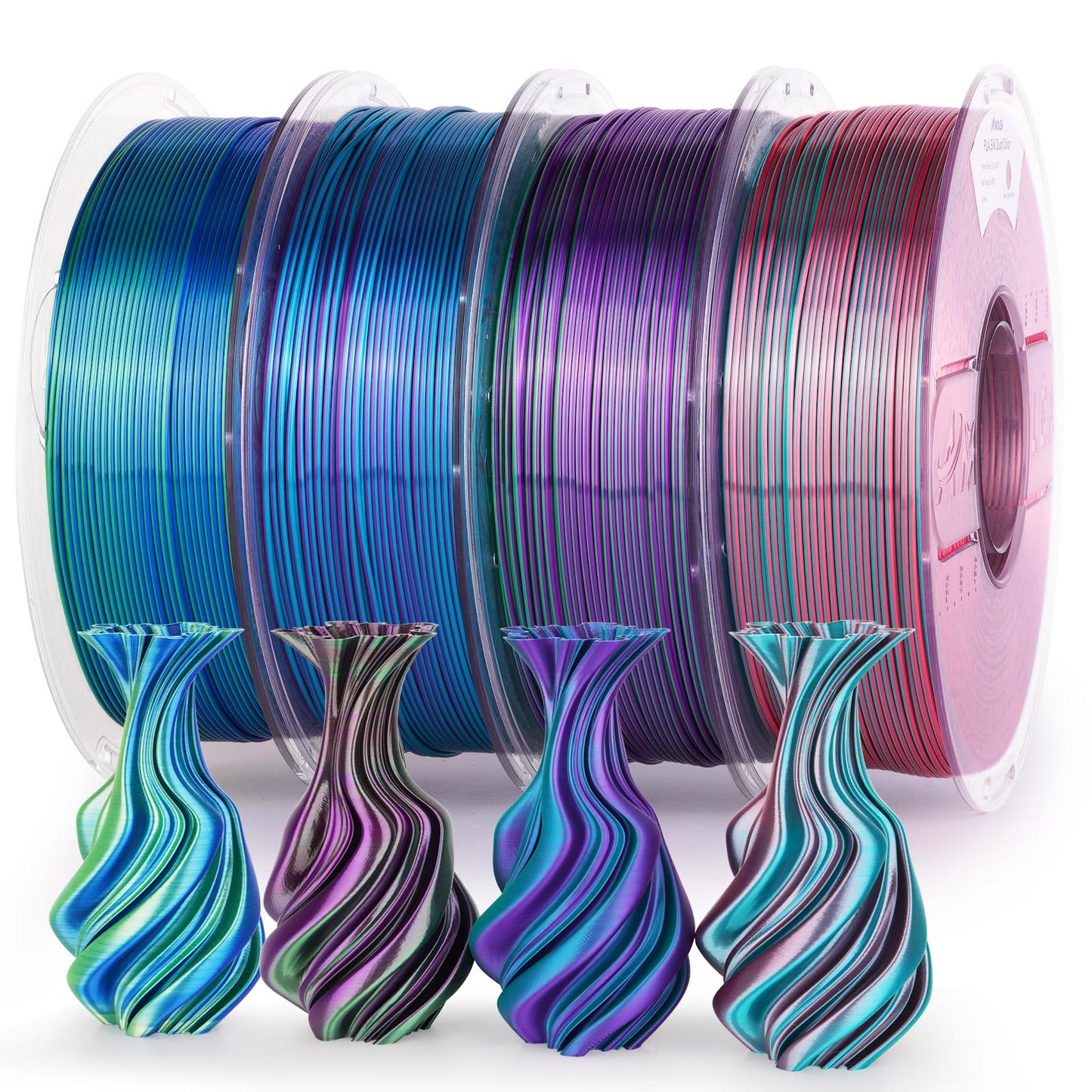 AMOLEN Silk PLA 3D Printer Filament 4KG Bundle, Shiny Dual Color Filament 1.75mm Pack, Multicolor Change 3D Printing Filament fo