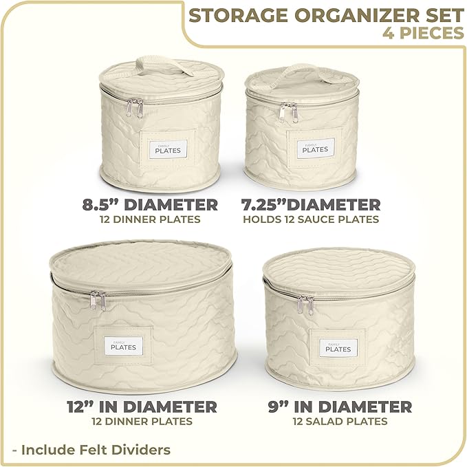Sorbus China Storage Containers - Quilted Dish Storage Containers for Organizing, Moving Supplies, Party - 4 Stackable Plate Carrier Set for Dinnerware, Plate Organizer with Felt Plate Protector