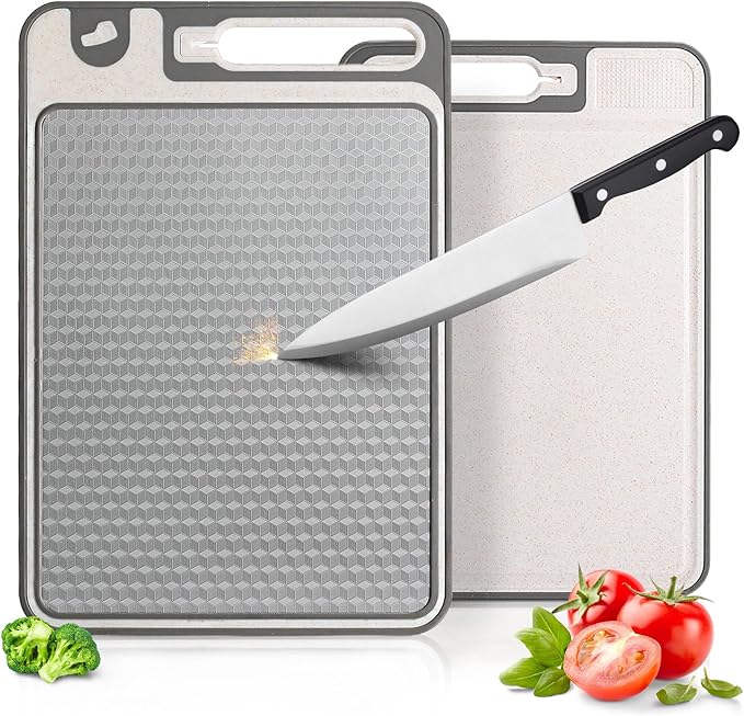 3-in-1 Stainless Steel Cutting Board for Kitchen, Double Sided,Non Toxic Cutting Board,Scratch-Resistant Mesh Design with Juice Groove,Easy Clean,Wheat Straw PP Large Chopping Board (15''*10'')