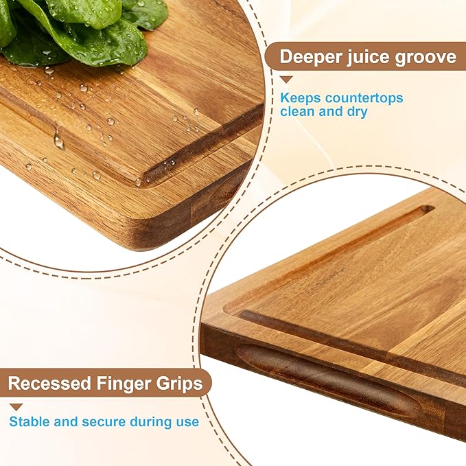 3 PCS Cutting Boards for Kitchen, Premium Acacia Wooden Cutting Board Set with Built-In Handle and Juice Groove, Charcuterie & Chopping Butcher Block for Meat, Vegetables, Fruits (Brown)