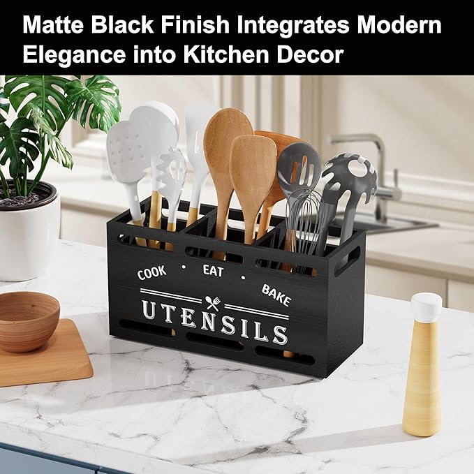 ZUJJAFY Utensil Holder for Kitchen Counter, Large Kitchen Utensil Holder for Countertop with 3 Compartments, Wooden Cooking Utensil Organizer for Spatula Storage, Black